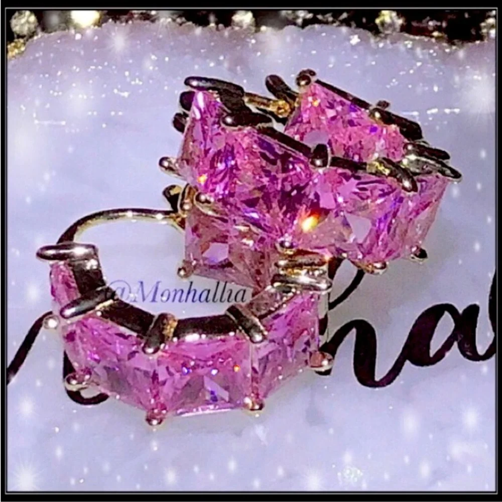 New 14k gold & pink 8g square princess simulated diamond chunky huggie earrings